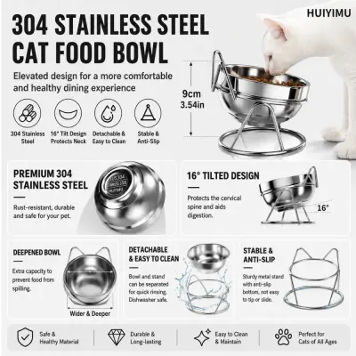 304 Stainless Steel Tilted Cat Bowl Features 304 stainless steel tilted cat bowl featuring 16 degree angle, detachable design and anti-slip stand