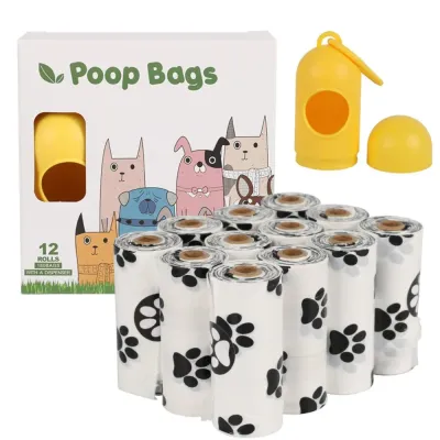 White Dog Poop Bags with Dispenser 12 Roll Pack 12 rolls of white paw print dog poop bags with yellow dispenser and retail packaging