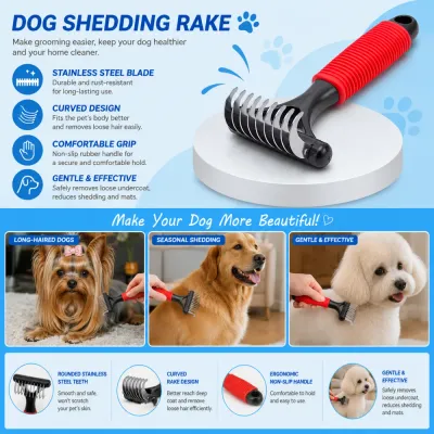 dog shedding rake with stainless steel blade curved teeth ergonomic handle grooming tool
