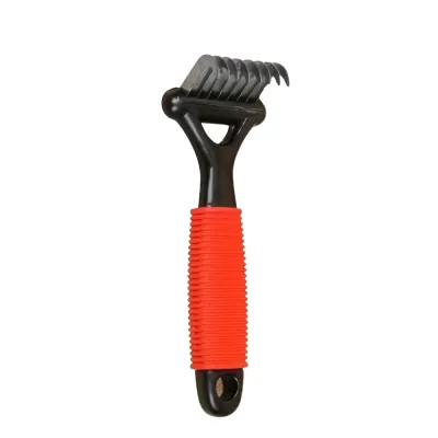 dog shedding rake with stainless steel teeth and non-slip handle for removing loose undercoat hair