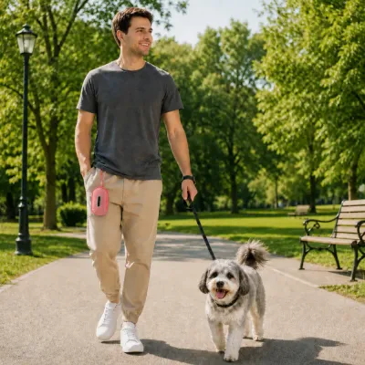 Dog owner walking a dog outdoors carrying a portable dog poop bag dispenser