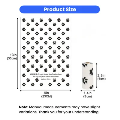 Biodegradable Dog Poop Bags Size and Roll Dimensions Dog poop bag size chart showing 13 x 9 inch bags and compact roll dimensions