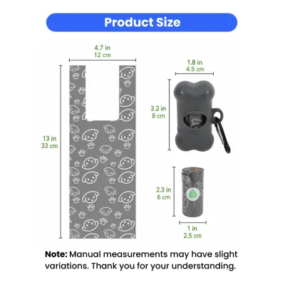 Dog Poop Bags and Dispenser Size Guide Dog poop bags dimensions with dispenser holder and roll size measurements