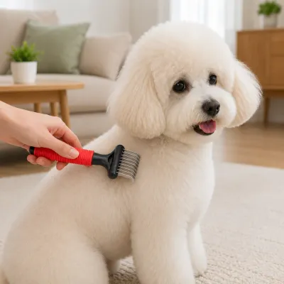pet grooming rake removing loose hair from fluffy dog at home grooming session