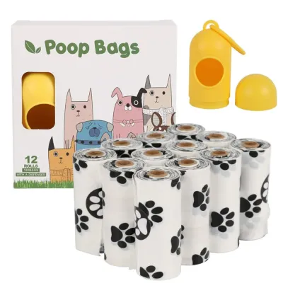 Wholesale Biodegradable Dog Poop Bags with Dispenser 12 Rolls White biodegradable dog poop bags with paw print design, 12 rolls and yellow dispenser for pet stores