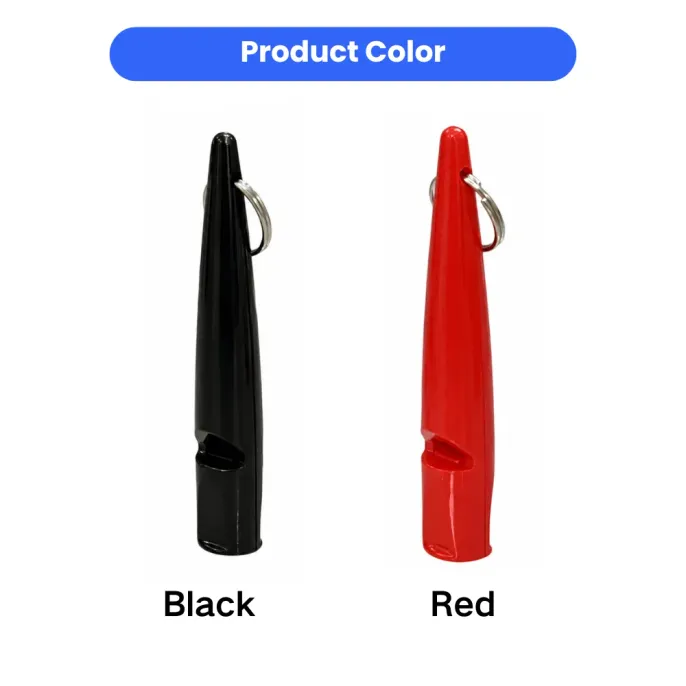 Dog Training Whistle Color Options Dog training whistle available in black and red color options with metal key ring attachment