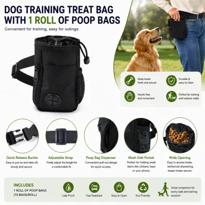 Multifunction Dog Training Treat Bag for Outdoor Use Dog training treat bag with poop bag dispenser, mesh pocket, adjustable strap and secure drawstring closure
