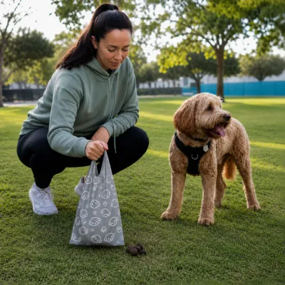 Dog Walking with Biodegradable Poop Bags Pet owner using biodegradable dog poop bags during outdoor dog walking in the park