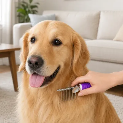 Dog Dematting Comb for Removing Mats and Tangles Golden Retriever Being Groomed with Professional Dematting Comb