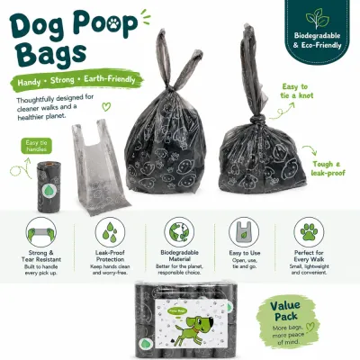 Biodegradable Dog Poop Bags Leak-Proof Design Leak-proof biodegradable dog poop bags with easy tie handles and strong tear resistance