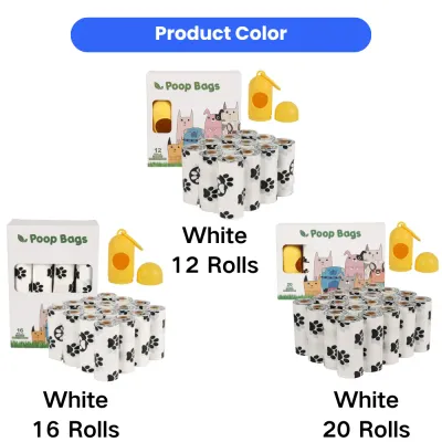 Dog Poop Bags Set Available in 12, 16 and 20 Rolls White dog poop bags with dispenser available in 12-roll, 16-roll and 20-roll pack options