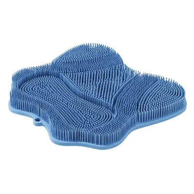 Blue cat self grooming massage brush pad with dense soft bristles and ergonomic cat shape design