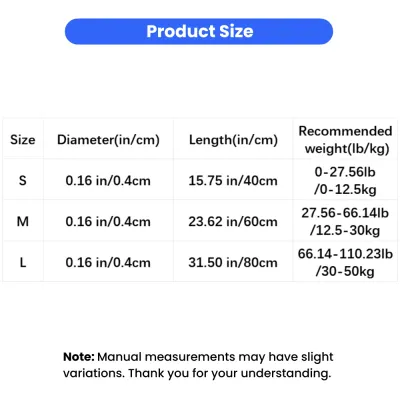 Dog Slip Lead Collar Size Guide Size chart for shock absorbing anti-pull dog slip lead collar showing diameter length and recommended dog weight
