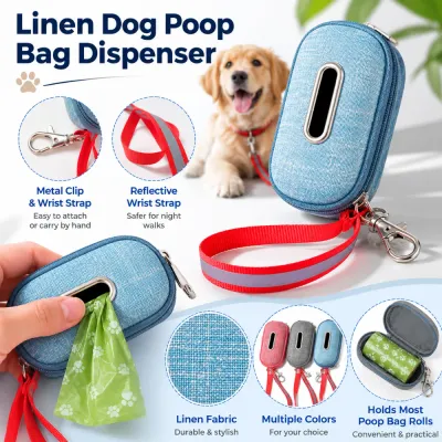Linen dog poop bag dispenser featuring reflective wrist strap metal clip and poop bag storage compartment