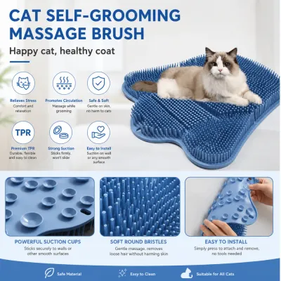Blue cat self grooming massage brush with suction cups, soft bristles, easy installation and stress relief grooming features