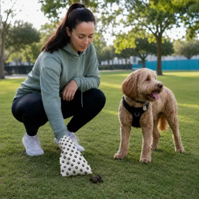 Dog Owner Using Biodegradable Poop Bags During Walk Pet owner picking up dog waste with biodegradable poop bags in a park setting