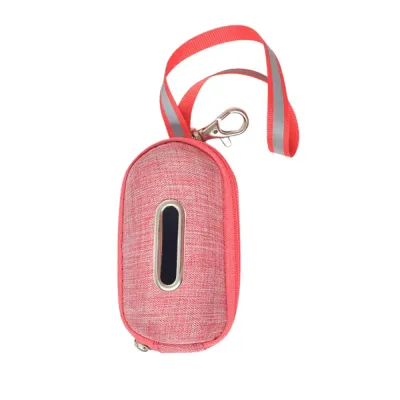 Pink dog poop bag holder dispenser with leash attachment for pet waste bags