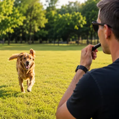 Dog Recall Training with Whistle Dog owner using a training whistle during outdoor recall training with a running dog in the park