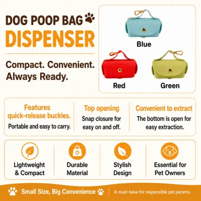 Portable Dog Poop Bag Dispenser Features and Benefits Dog poop bag dispenser featuring quick release buckle snap closure and easy bag access
