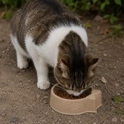 Domestic cat eating from an eco-friendly paper pulp feeding bowl outdoors