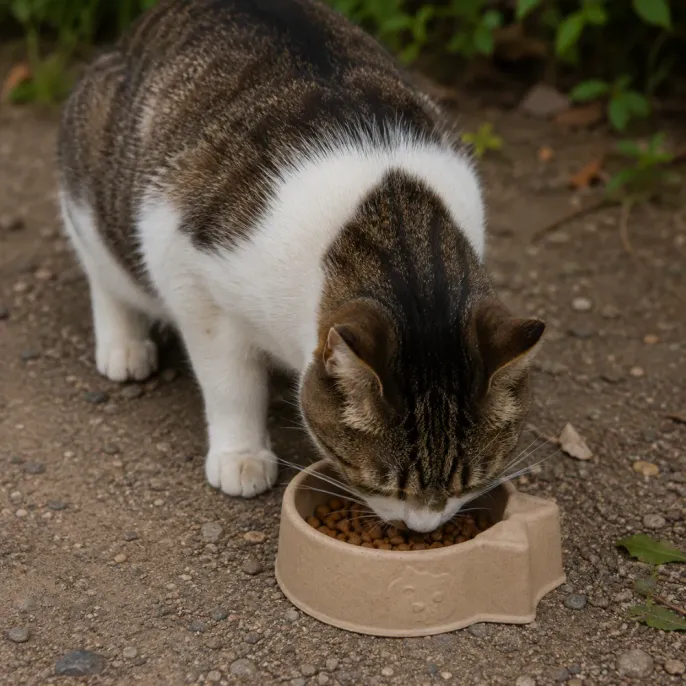 Cat Using Disposable Paper Pulp Feeding Bowl Outdoors Domestic cat eating from an eco-friendly paper pulp feeding bowl outdoors