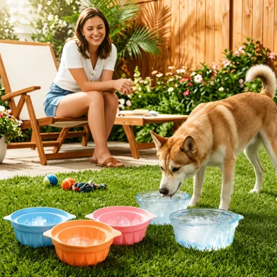 Dog Using Ice Water Bowl in Summer Dog drinking from a frozen ice water bowl outdoors during hot summer weather