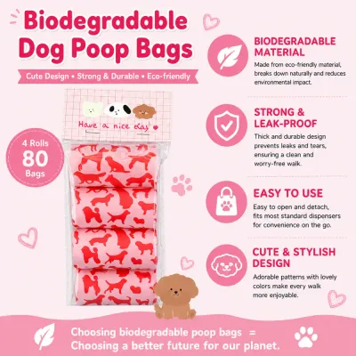 Biodegradable dog poop bags featuring eco-friendly material, leak-proof design, easy tear-off use, and cute patterns