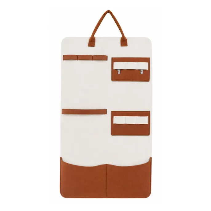 White Felt Cat Toy Storage Organizer White felt cat toy organizer with leather accents and multi-pocket wall hanging storage design