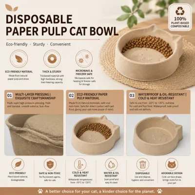 Compostable cat bowl made from natural paper pulp with waterproof and heat-resistant design