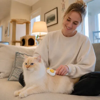 Woman grooming a long haired cat with a self cleaning cat brush in a living room