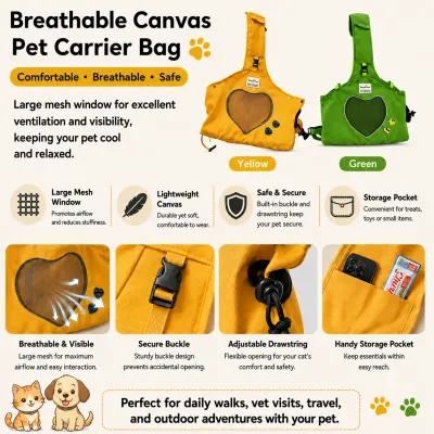 Breathable Canvas Pet Carrier Bag with Mesh Window | Wholesale Pet Carrier Breathable canvas pet carrier bag featuring large mesh window, secure buckle, adjustable drawstring, and storage pocket