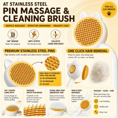 Self cleaning cat grooming brush featuring stainless steel massage pins anti static design and one click hair removal system