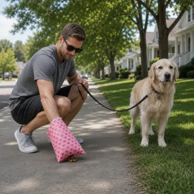 Pet owner using biodegradable dog poop bags to clean up after a dog during a neighborhood walk