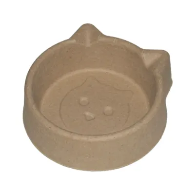 Close-up of disposable paper pulp cat bowl with adorable cat face pattern