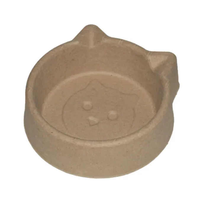 Compostable Cat Bowl Made from Natural Paper Pulp Close-up of disposable paper pulp cat bowl with adorable cat face pattern
