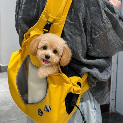 Canvas Pet Carrier Bag for Small Dogs and Cats | Wholesale Pet Travel Bags Small dog sitting comfortably inside a yellow breathable canvas pet carrier bag during travel
