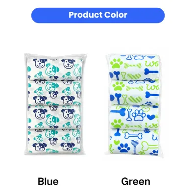 Dog Poop Bags Color Options Blue and Green Biodegradable dog poop bags available in blue puppy pattern and green bone pattern designs