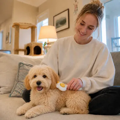 Woman using a pet grooming brush on a small fluffy dog at home, comfortable dog grooming and shedding care solution