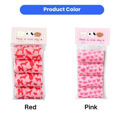 Biodegradable dog poop bags available in red dog pattern and pink heart pattern color options