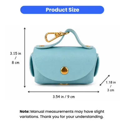 Dog Poop Bag Dispenser Size Guide Compact Pet Waste Holder Dimensions of portable dog poop bag dispenser measuring 9cm x 8cm x 3cm