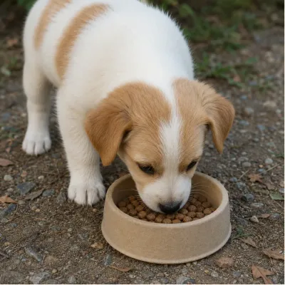 Puppy Eating From Disposable Pulp Dog Bowl Cute puppy eating dry food from a biodegradable disposable dog bowl outdoors