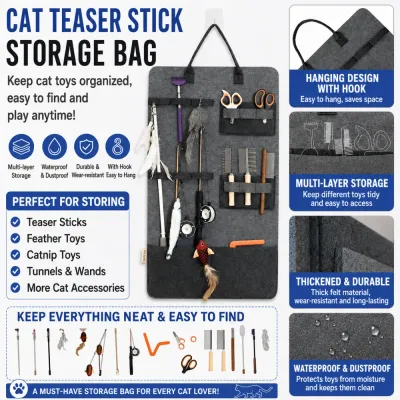 Multi Layer Cat Toy Storage Organizer Features Multi-layer cat toy storage organizer with hanging hook, waterproof felt material and accessory pockets