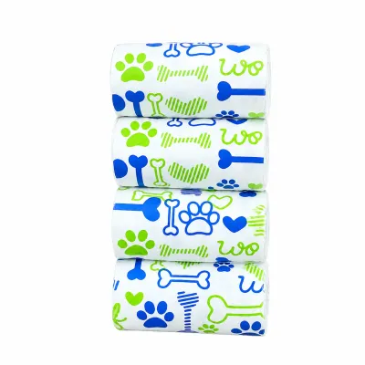 Wholesale Dog Poop Bags with Bone and Paw Print Design Dog waste bag rolls featuring bone, paw, and heart patterns for convenient pet waste cleanup during walks