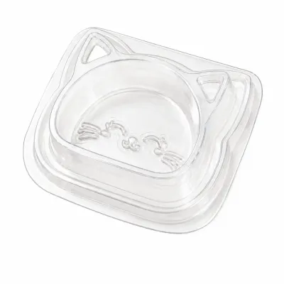 Transparent Disposable Cat Bowl White Background Clear disposable cat bowl with cat-shaped design on a white background