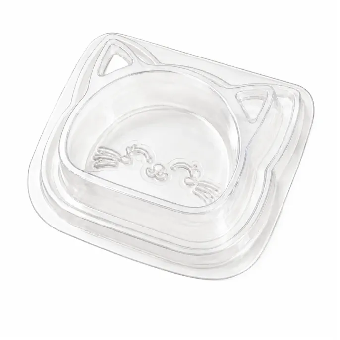 Transparent Disposable Cat Bowl White Background Clear disposable cat bowl with cat-shaped design on a white background