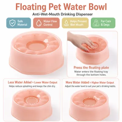 Anti-Wet-Mouth Floating Pet Water Bowl Features Floating pet water bowl with water flow control, safe material, and anti-wet-mouth design
