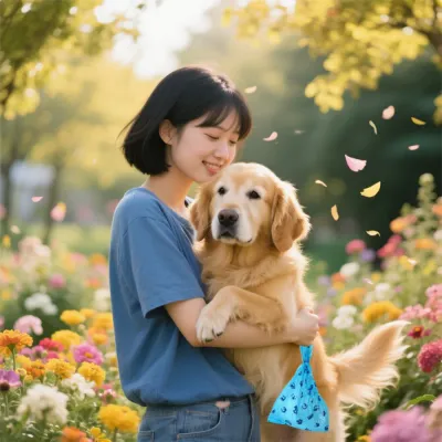 Dog Owner Using Blue Biodegradable Poop Bag Outdoors Dog owner holding a golden retriever and carrying a blue biodegradable dog poop bag in a garden