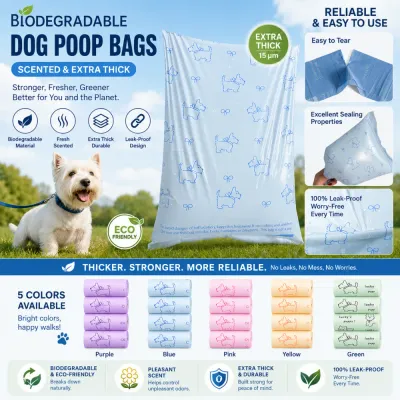 Biodegradable Scented Extra Thick Dog Poop Bags Biodegradable scented extra thick dog poop bags with leak-proof design, 15 渭m thickness and 5 colors available.