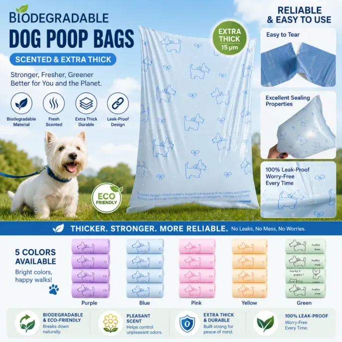 Biodegradable Scented Extra Thick Dog Poop Bags Biodegradable scented extra thick dog poop bags with leak-proof design, 15 渭m thickness and 5 colors available.