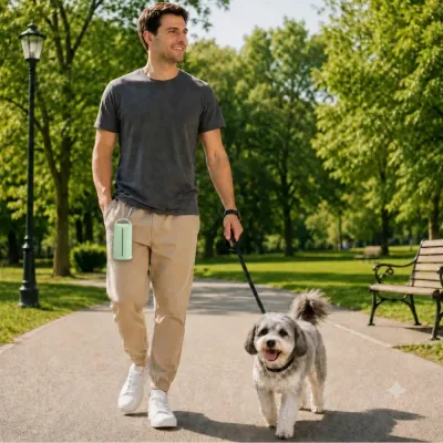 Dog Walking with Poop Bag Dispenser Dog owner walking a dog with green poop bag dispenser clipped to pants
